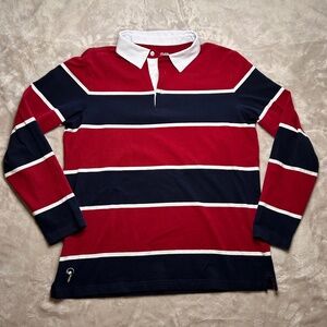 PPolaflon Comfortable Polo Mens L Blue Red Stripe Stretch Rugby Preppy Casual